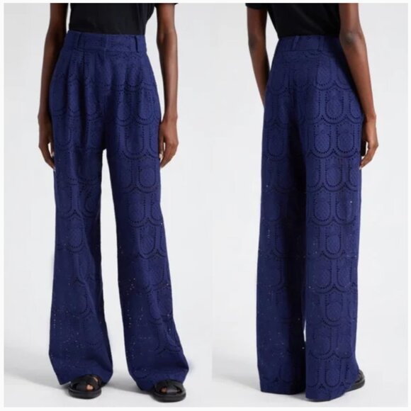 EUC FARM Rio Pineapple Eyelet High Waist Wide Leg Pants Navy Blue Women's Medium - Picture 1 of 15